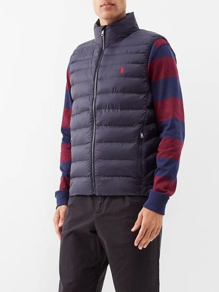 Uomini Moncler Gilet | Gilet Trapuntato In Fibra Riciclata Con Logo Ricamato - Uomo - Blu Marino