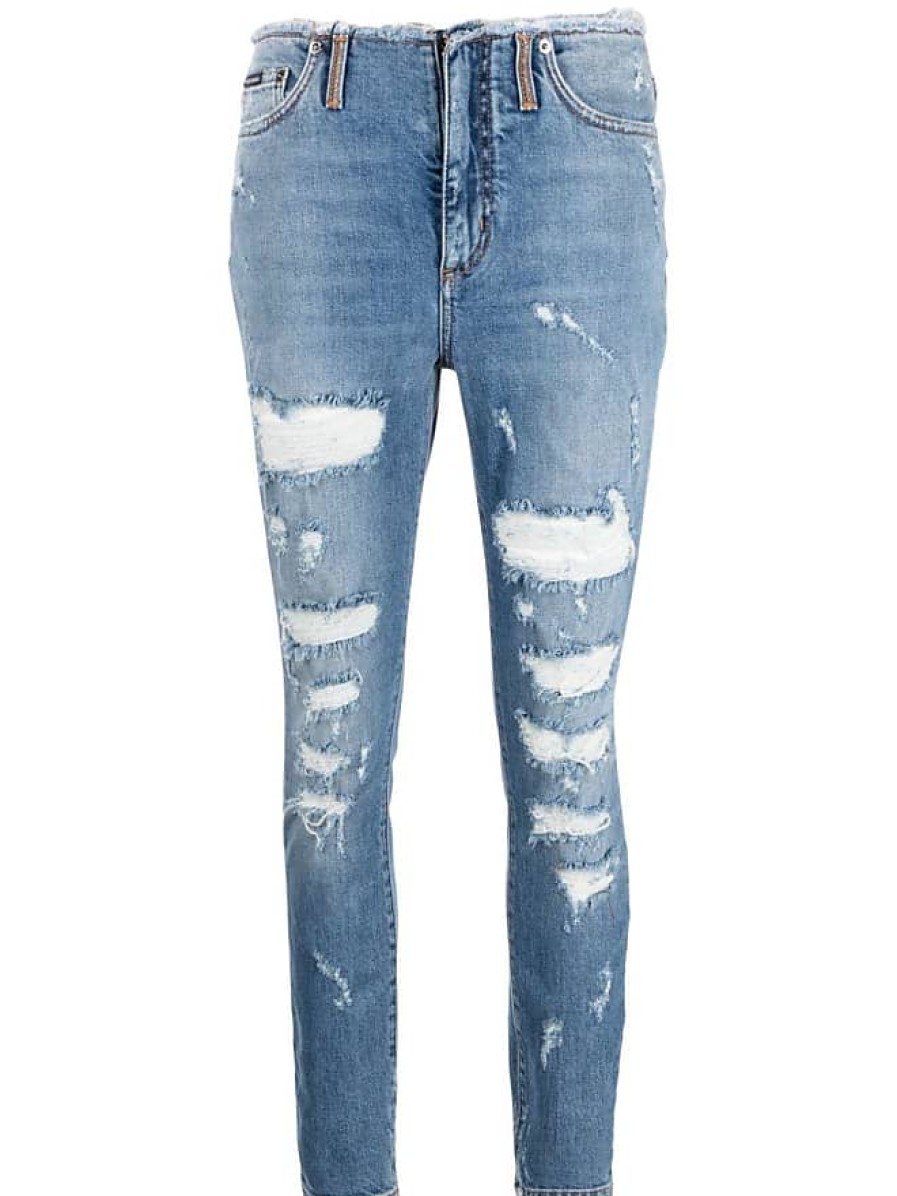 Donne Roxy Infradito | Jeans Dal Taglio Skinny Con Finitura Invecchiata - Donna - Cotone - 40 - Blu