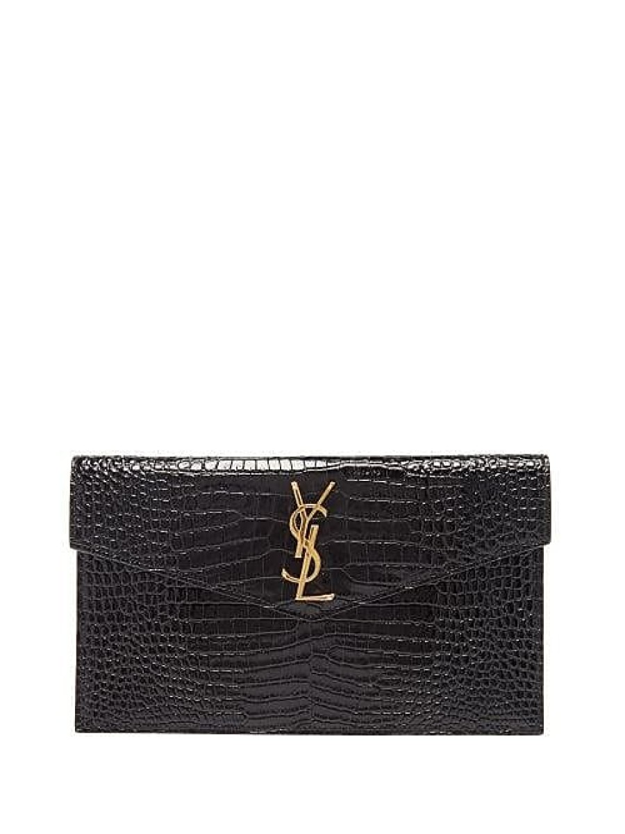 Donne San Lorenzo Borse | Pochette Uptown Ysl-Plaque In Pelle Effetto Coccodrillo - Donna - Nera