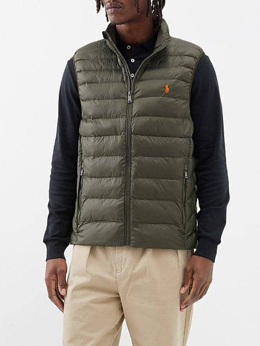 Uomini Moncler Gilet | Gilet Trapuntato Ripiegabile Con Logo Ricamato - Uomo - Oliva