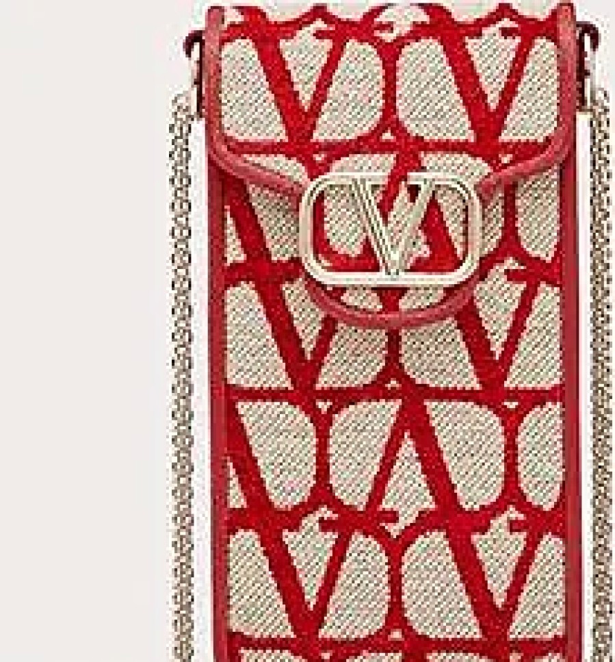 Donne Cristiano Louboutin Borse | Loco Toile Iconographe Custodia Per Cellulare Con Catena Donna Beige/Rosso Uni