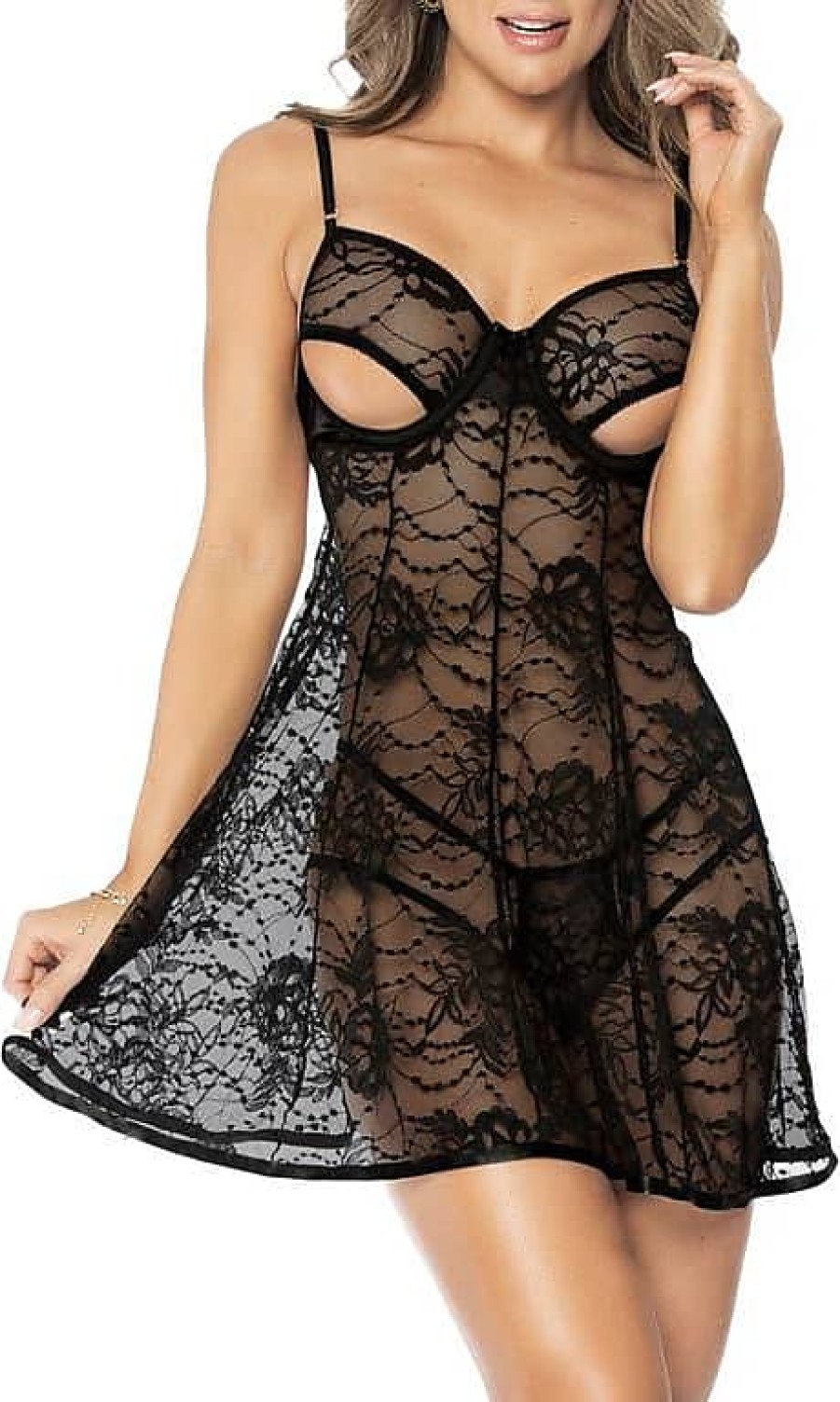 Donne Maison Essentiele Abbigliamento Da Salotto | Set Chemise E Perizoma Babydoll In Pizzo Nero Su Nordstrom, Taglia Piccola