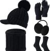 Donne UGG Cuffie Antirumore | Set Da 5 Pezzi Per Sci Invernale Da Donna, Cappello Lavorato A Maglia, Sciarpa, Guanti, Paraorecchie, Calze (Nero, Stile Visiera)