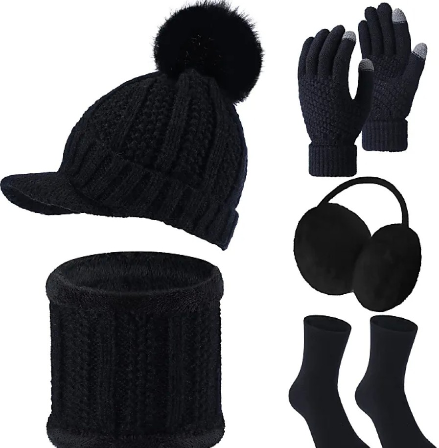 Donne UGG Cuffie Antirumore | Set Da 5 Pezzi Per Sci Invernale Da Donna, Cappello Lavorato A Maglia, Sciarpa, Guanti, Paraorecchie, Calze (Nero, Stile Visiera)