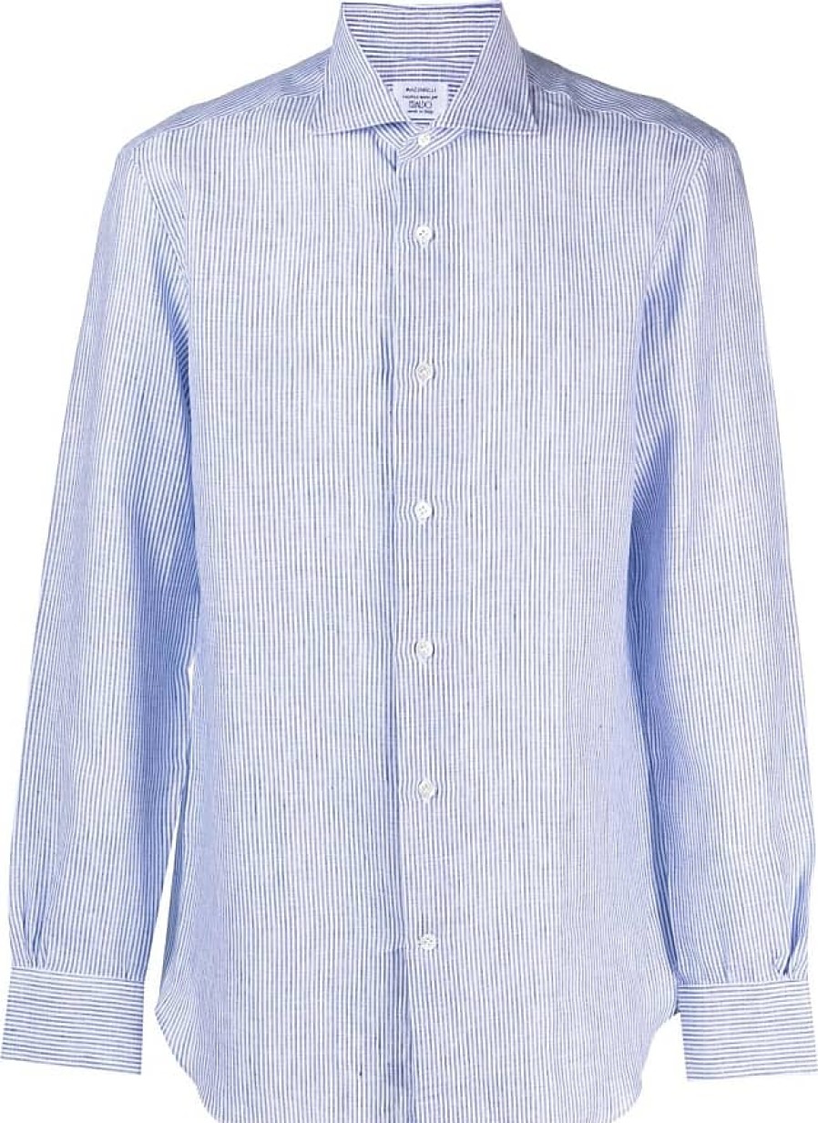 Donne Luca Faloni Camicie | Camicia In Lino/Lino A Righe - Uomo - Lino/Lino - 39 - Blu