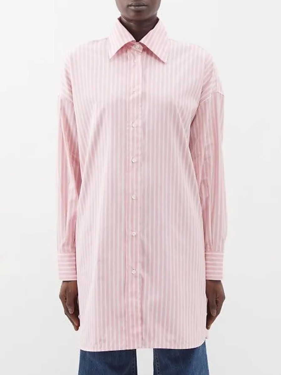 Donne Angeli delle palme Camicie | Camicia Oversize In Popeline Di Cotone A Righe - Donna - Rosa Chiaro