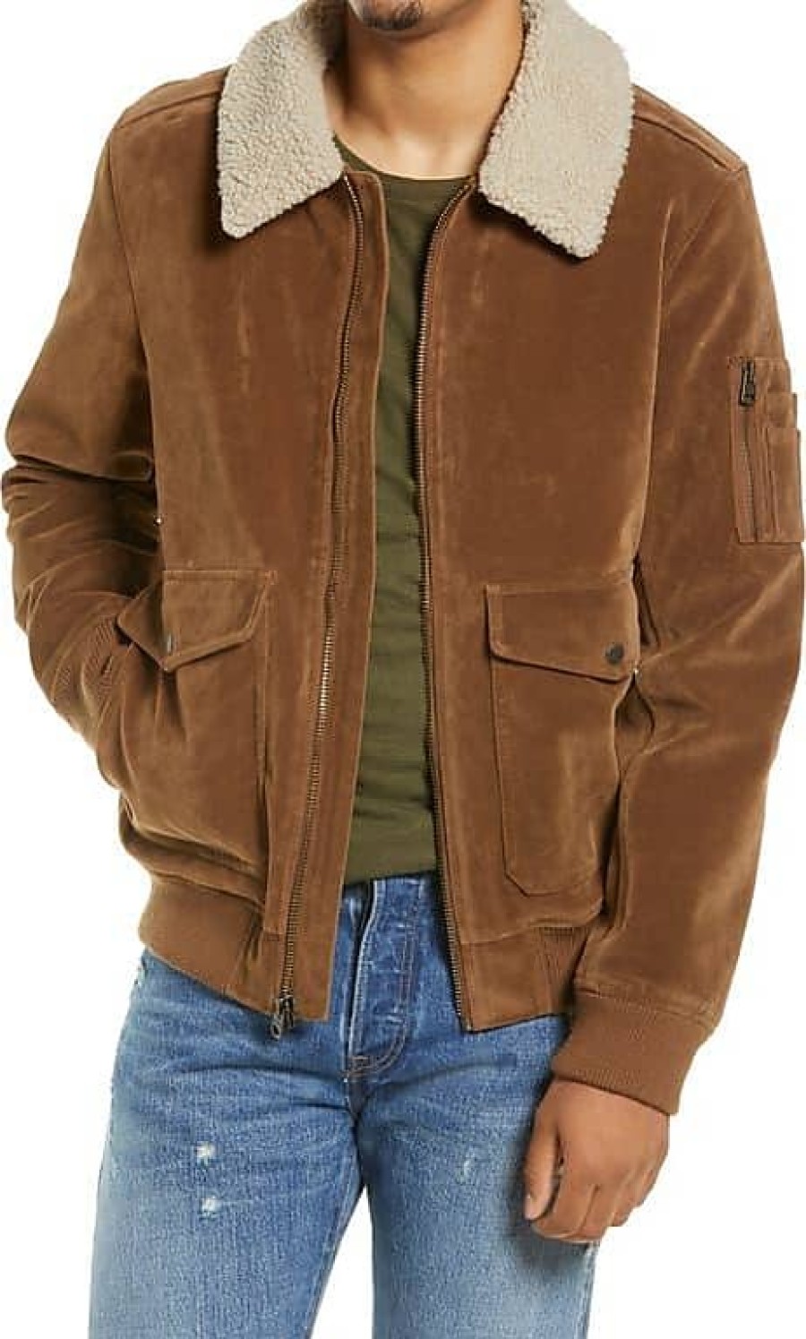 Uomini Casablanca Giacche | Giubbotto Bomber Da Aviatore In Finta Pelle Scamosciata Con Colletto In Finto Shearling Rimovibile In Cognac/Crema A Nordstrom, Taglia X-Large