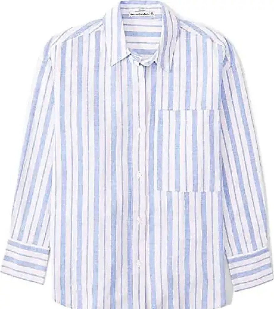 Donne Luca Faloni Camicie | Camicia Resort In Lino Oversize (Striscia Blu/Bianca) Abbigliamento Da Donna