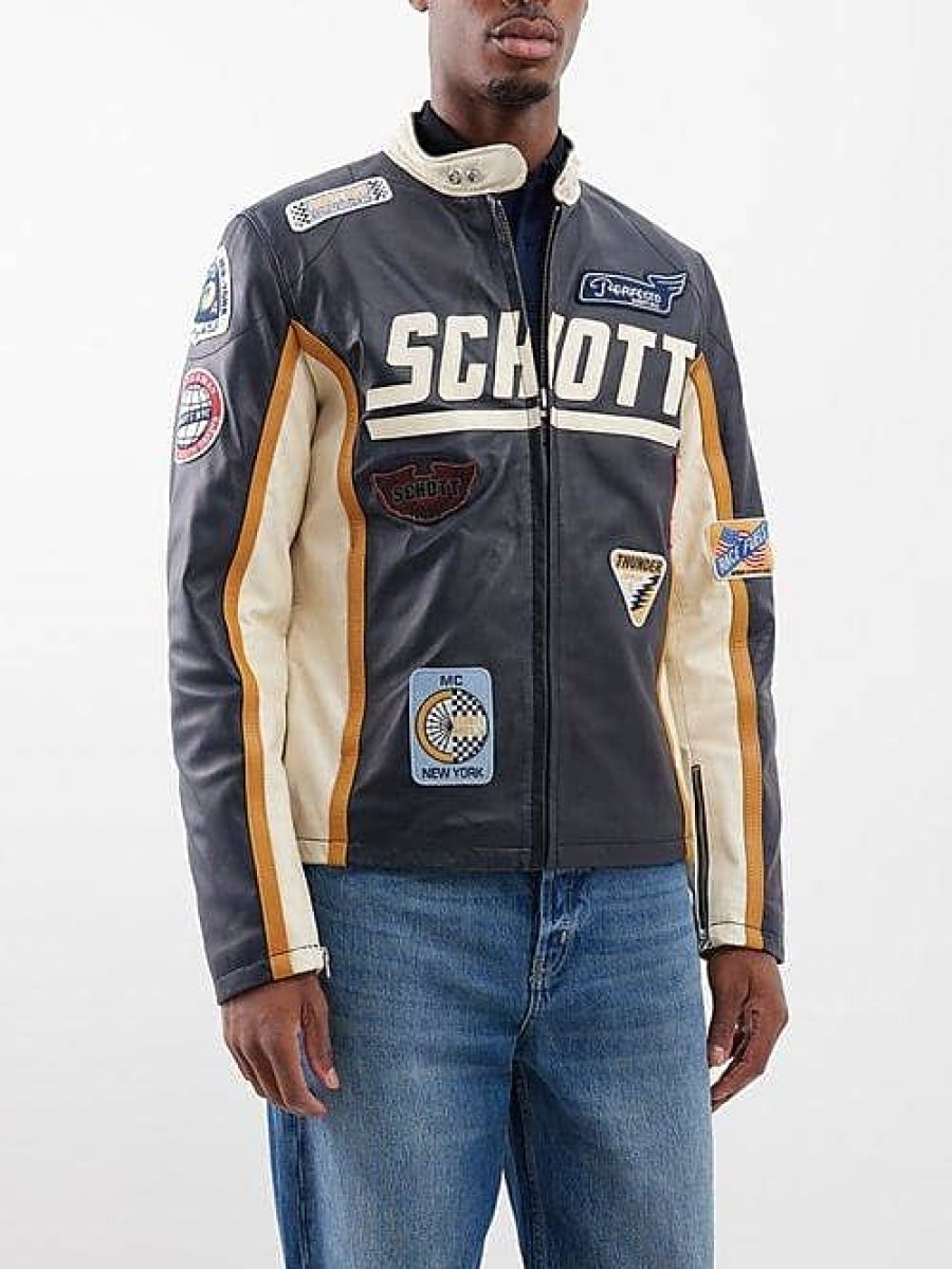 Uomini Reiss Giacche | Schott Nyc - Giacca Da Motociclista In Pelle Con Toppa Con Logo - Uomo - Navy Multi