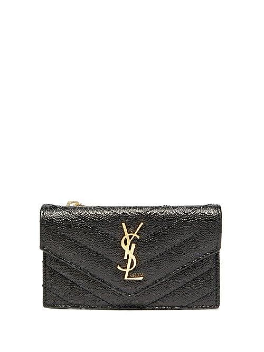 Donne San Lorenzo Portafogli | Portacarte Ysl-Logo In Pelle Trapuntata - Donna - Nero