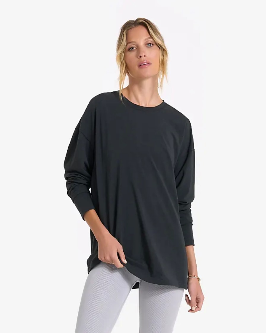 Donne Alo Yoga Magliette | Maglietta Con Piume A Manica Lunga | Nero Lavato | Xs, Taglia Extra Piccola