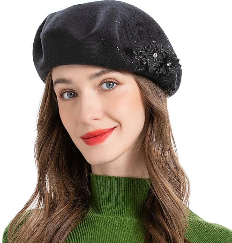 Donne Dunhill Cappelli Invernali | Cappello Basco Francese Da Donna, Berretto Caldo Reversibile In Maglia Di Cashmere Tinta Unita Per Ragazze (Due Fiori Neri)