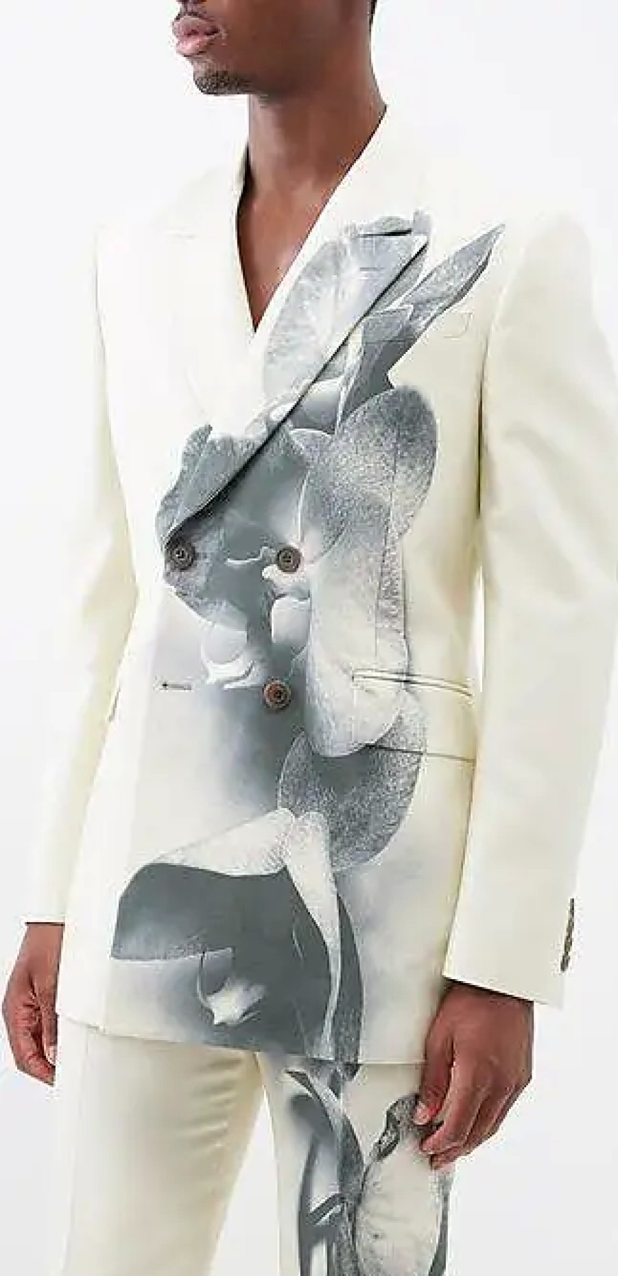 Uomini Paul Smith Abiti | Alexander Mcqueen - Blazer In Cady Con Stampa Orchidea - Uomo - Nero Crema