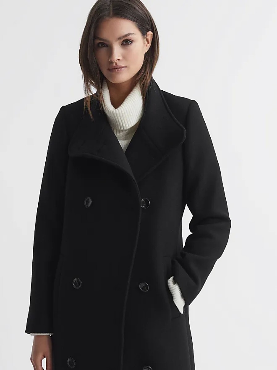 Donne Reiss Cappotti | Blair - Cappotto Lungo Doppiopetto Nero Petite In Misto Lana, Us 10