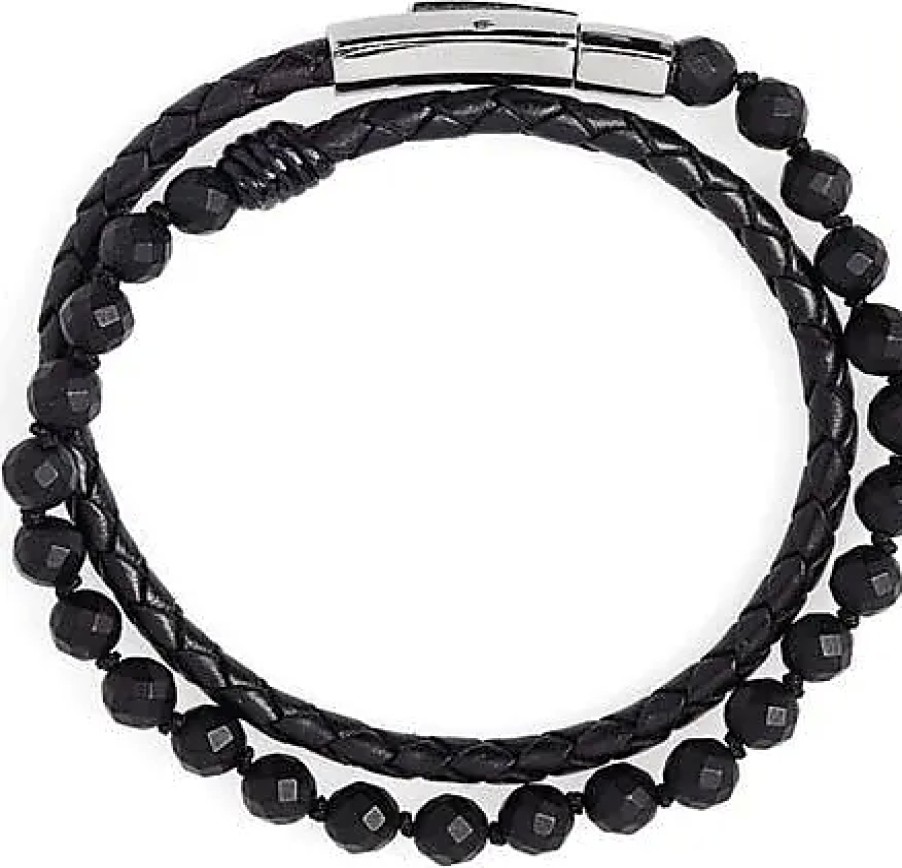 Uomini Ferragamo Gioielleria | Bracciale In Onice E Pelle Annodata A Mano In Nero Su Nordstrom