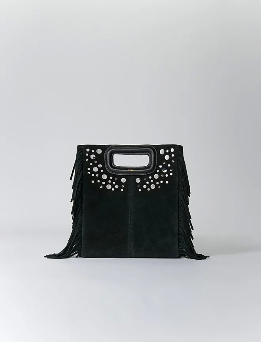 Donne Prada Borse | Da Donna In Pelle Di Mucca: Borsa M In Pelle Con Frange Per L'Autunno/Inverno, Taglia Unica, Colore Nero / Nero