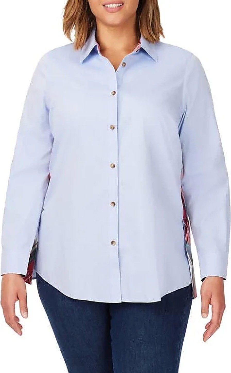 Donne Persone libere Camicie | Camicia Abbottonata In Cotone Con Finiture Scozzesi Bennet In Onda Blu A Nordstrom, Taglia 18W