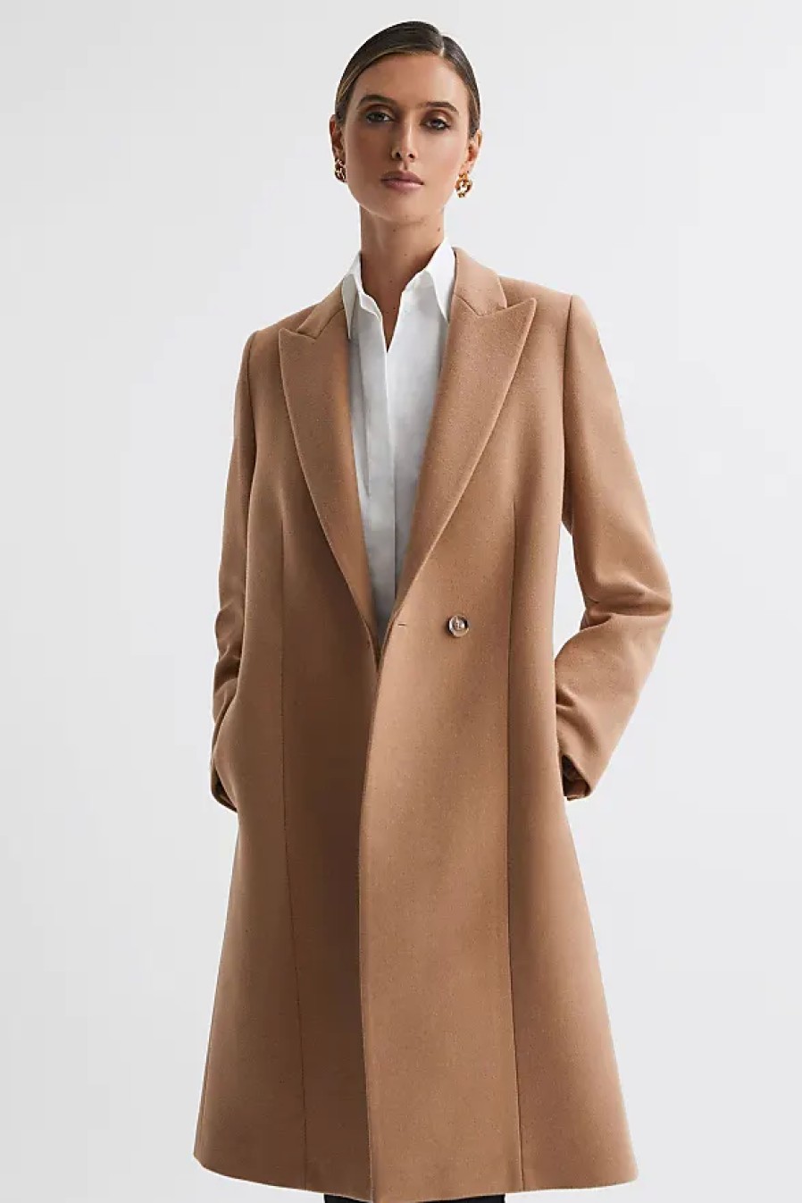 Donne Reiss Cappotti | Arlow - Cappotto Doppiopetto Petite In Misto Lana Color Cammello, Us 8