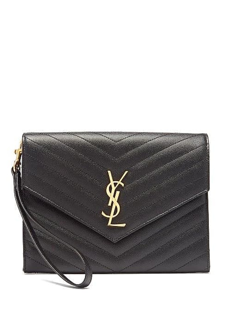 Donne San Lorenzo Borse | Pochette Da Polso Ysl-Plaque In Pelle Martellata - Donna - Nera