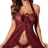 Donne Mapale Abbigliamento Da Salotto | Lingerie Natalizia Per Donna Babydoll Sexy In Pizzo Con Apertura Sul Davanti Chemise Halter Lingerie Set Borgogna