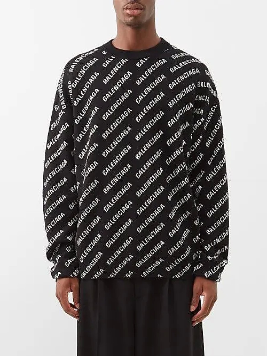 Uomini Marcelo Burlon Maglioni | Maglione In Misto Lana Jacquard Con Logo New - Uomo - Nero Bianco