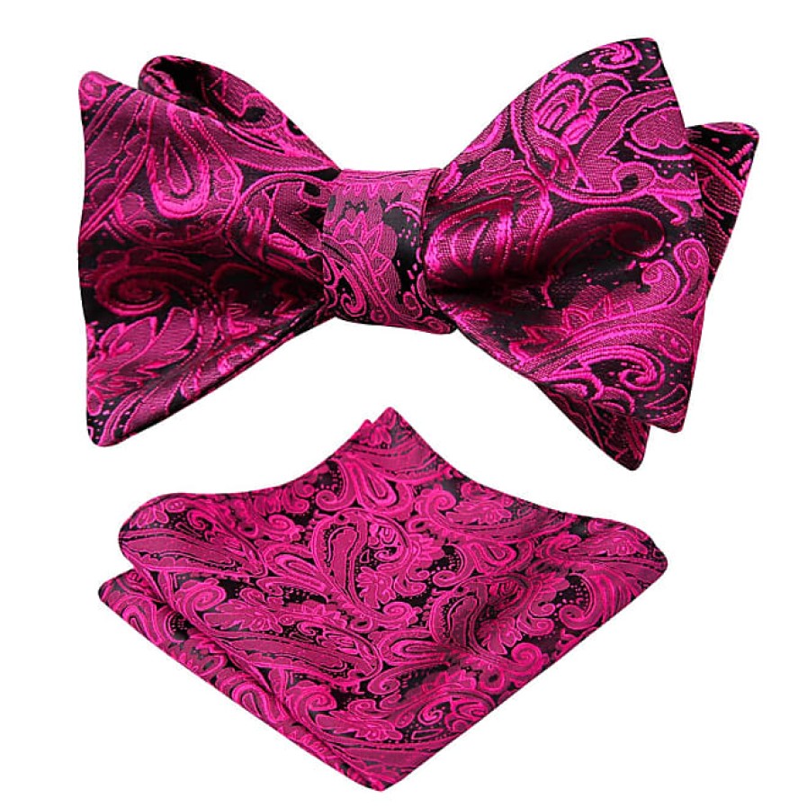 Uomini Retreez Cravatte | Set Da Uomo Con Fazzoletto Da Taschino Con Papillon Da Annodare In Jacquard Con Motivo Cachemire (Nero+Rosa Shocking)