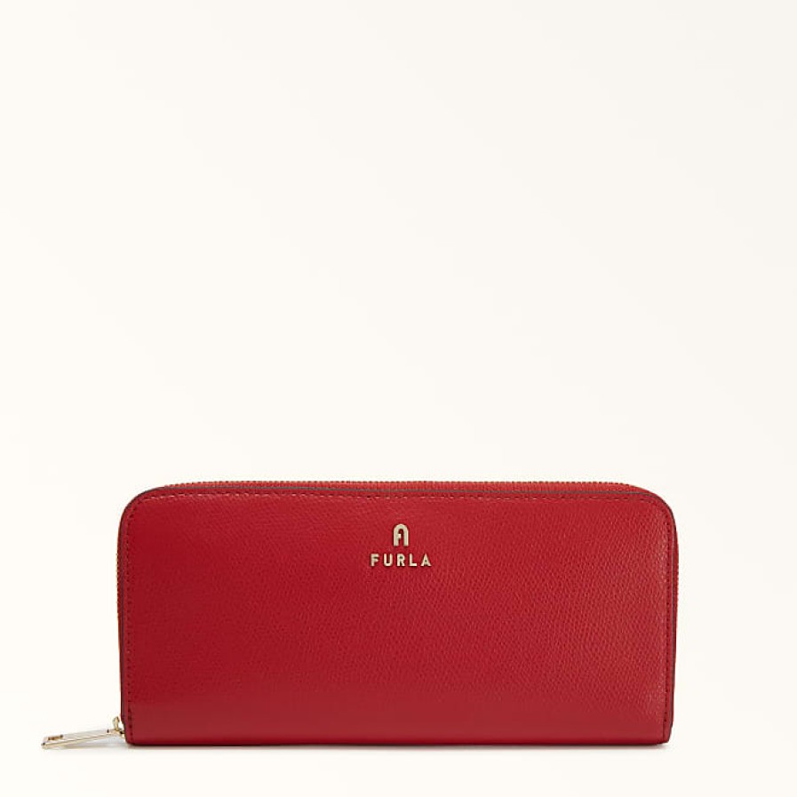 Donne Furla Portafogli | Camelia Zip Around Rosso Veneziano Donna In Pelle Martellata Rossa