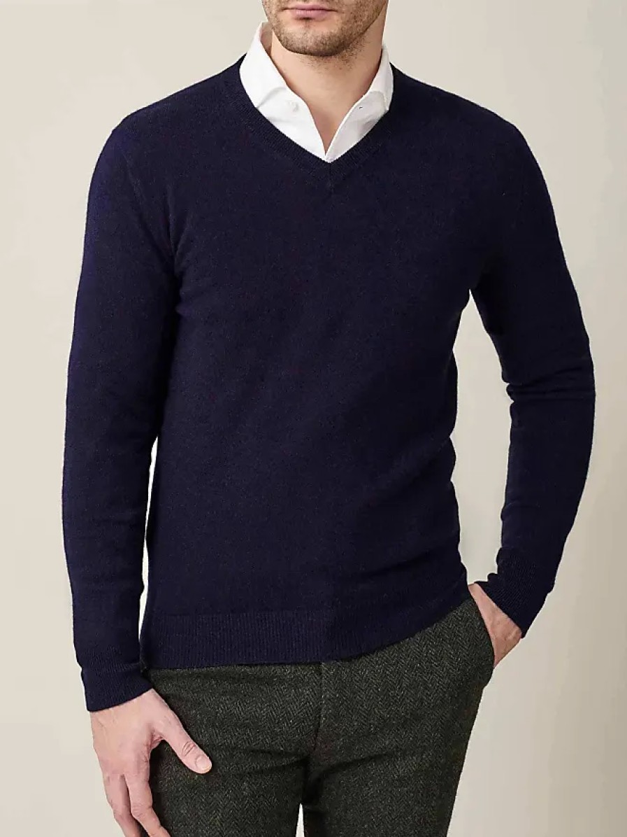 Uomini Luca Faloni Maglioni | Scollo A V In Puro Cashmere Blu Notte