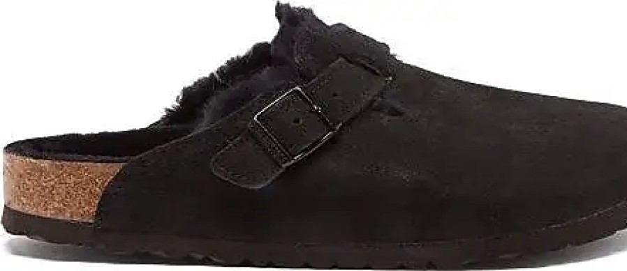 Donne Birkenstock Pantofole | Zoccoli Boston In Pelle Scamosciata Foderati In Shearling - Donna - Neri