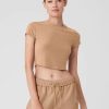 Donne Balenciaga Magliette | T-Shirt A Maniche Corte Cropped Sea Coast A Costine In Mandorla Tostata, Taglia: Small | Alo Yogaae