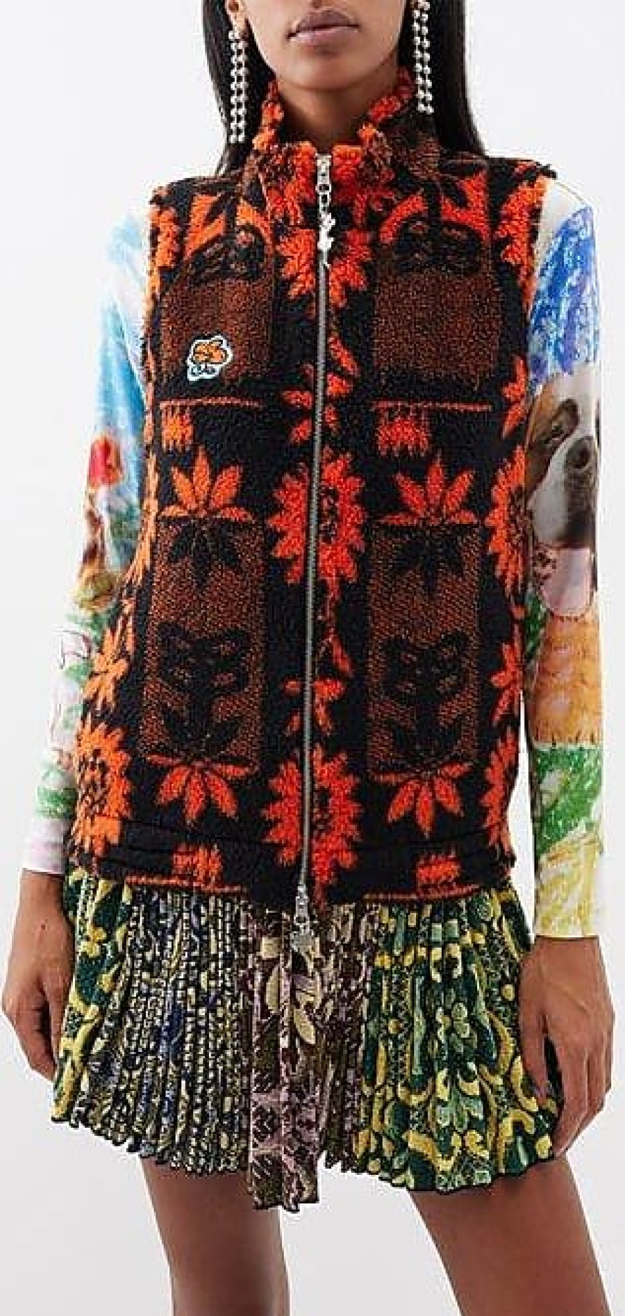 Donne LLBean Gilet | Gilet In Pile Con Stampa Girasole - Donna - Arancione Nero