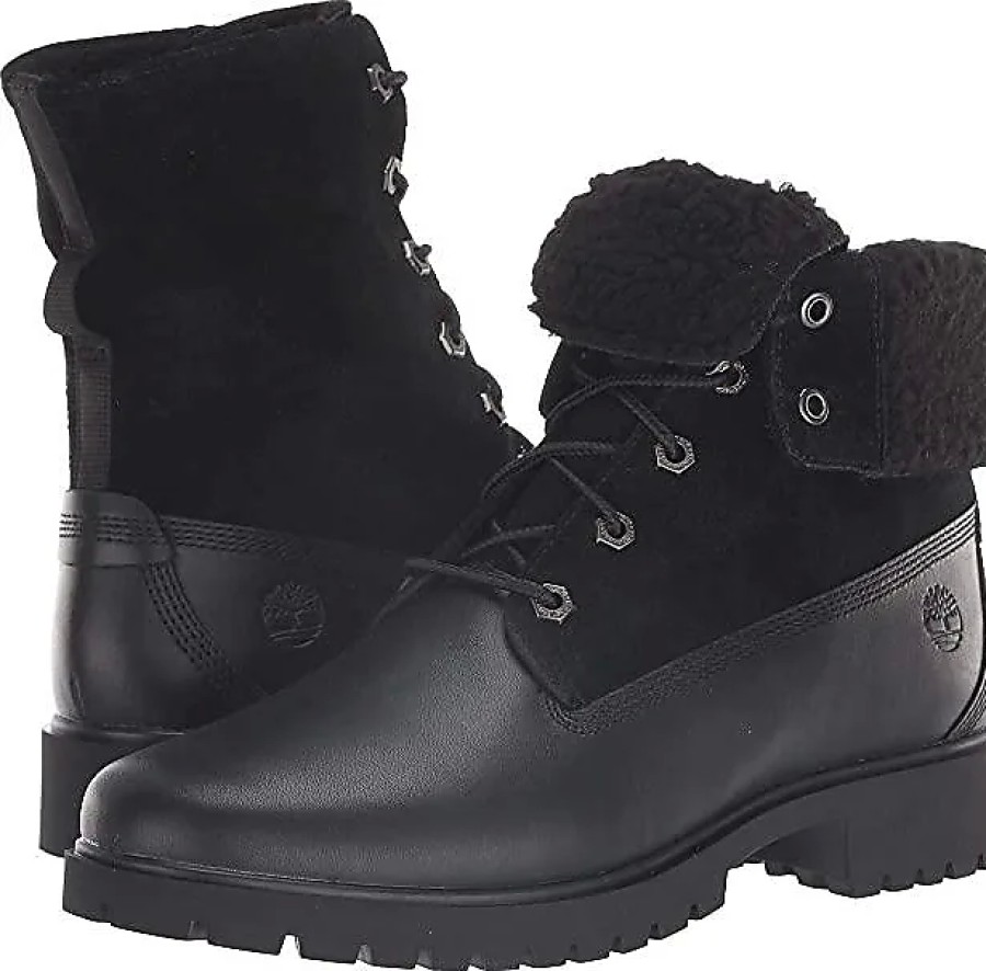 Donne Prada Scarpe Di Pelle | Stivali Stringati Da Donna Jayne Waterproof Teddy Fleece Fold Down (Nero Pieno Fiore).