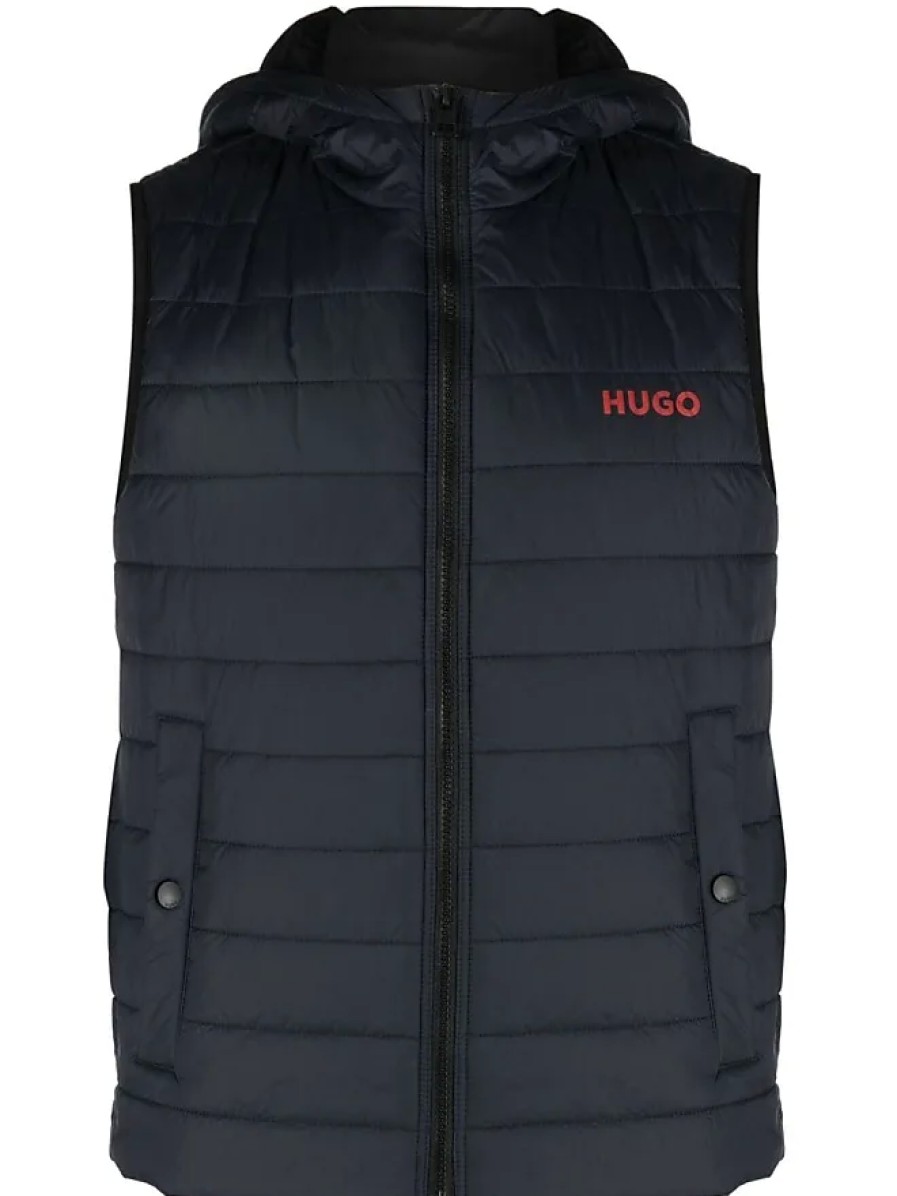 Uomini Moncler Gilet | Gilet Imbottito Con Stampa Logo - Uomo - Poliammide Riciclata/Poliammide/Poliestere/Poliestere Riciclato - M - Blu